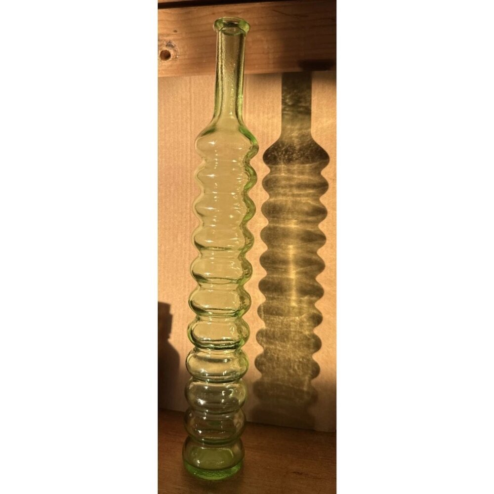 Green Beehive Ribbed Glass Bottle Vase 12” Tall – Mid Century Decorative Retro
